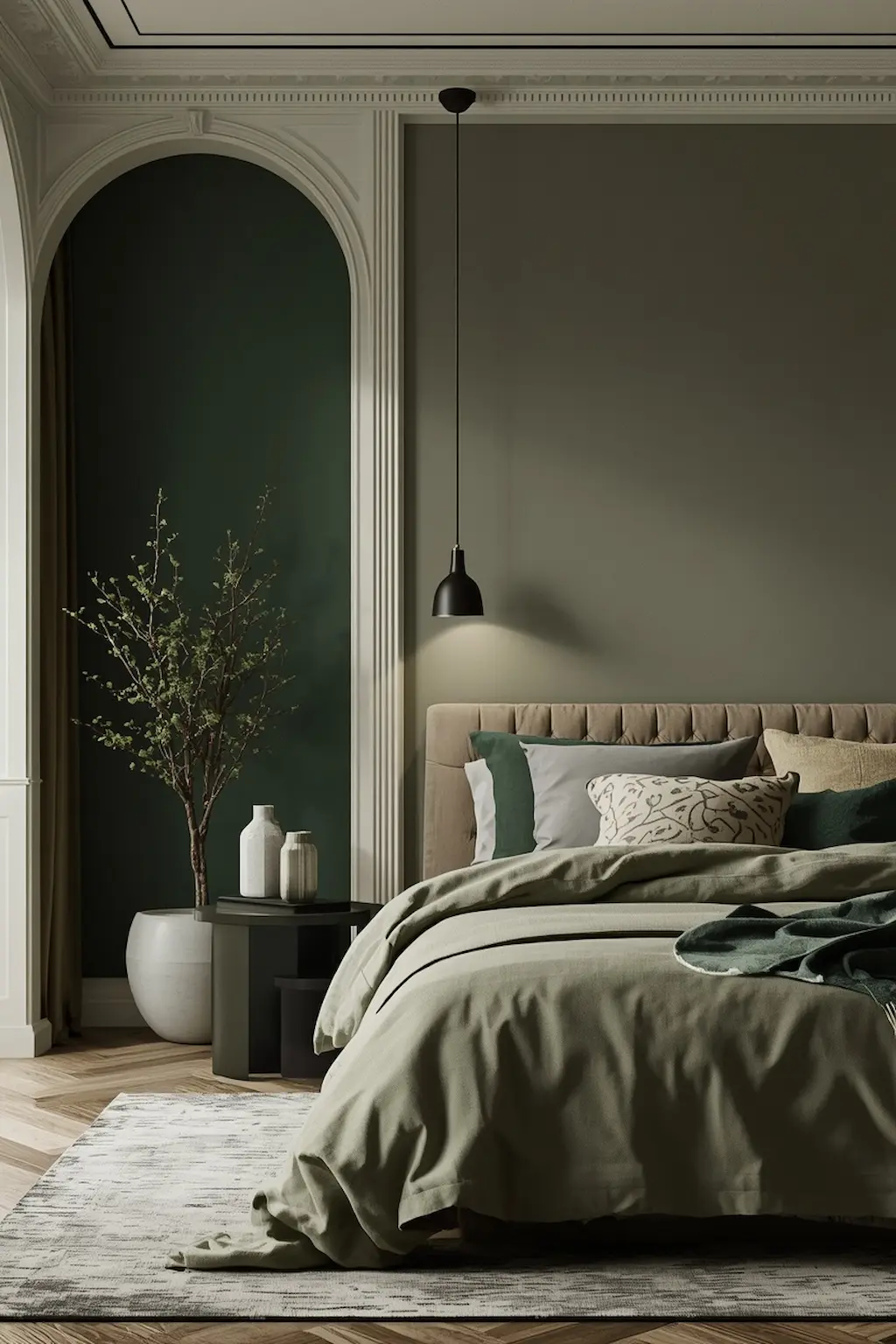 Monochrome green bedroom with layered tones and textures