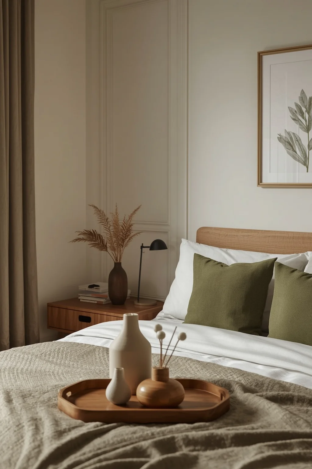 Olive green bedroom with decorative accessories and minimal styling