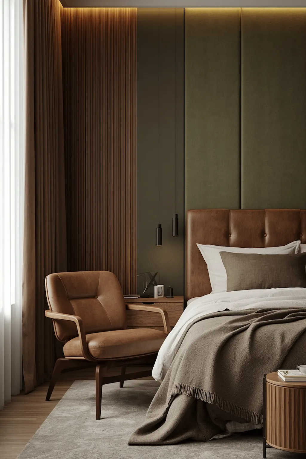 Olive green bedroom featuring leather accents and warm textures