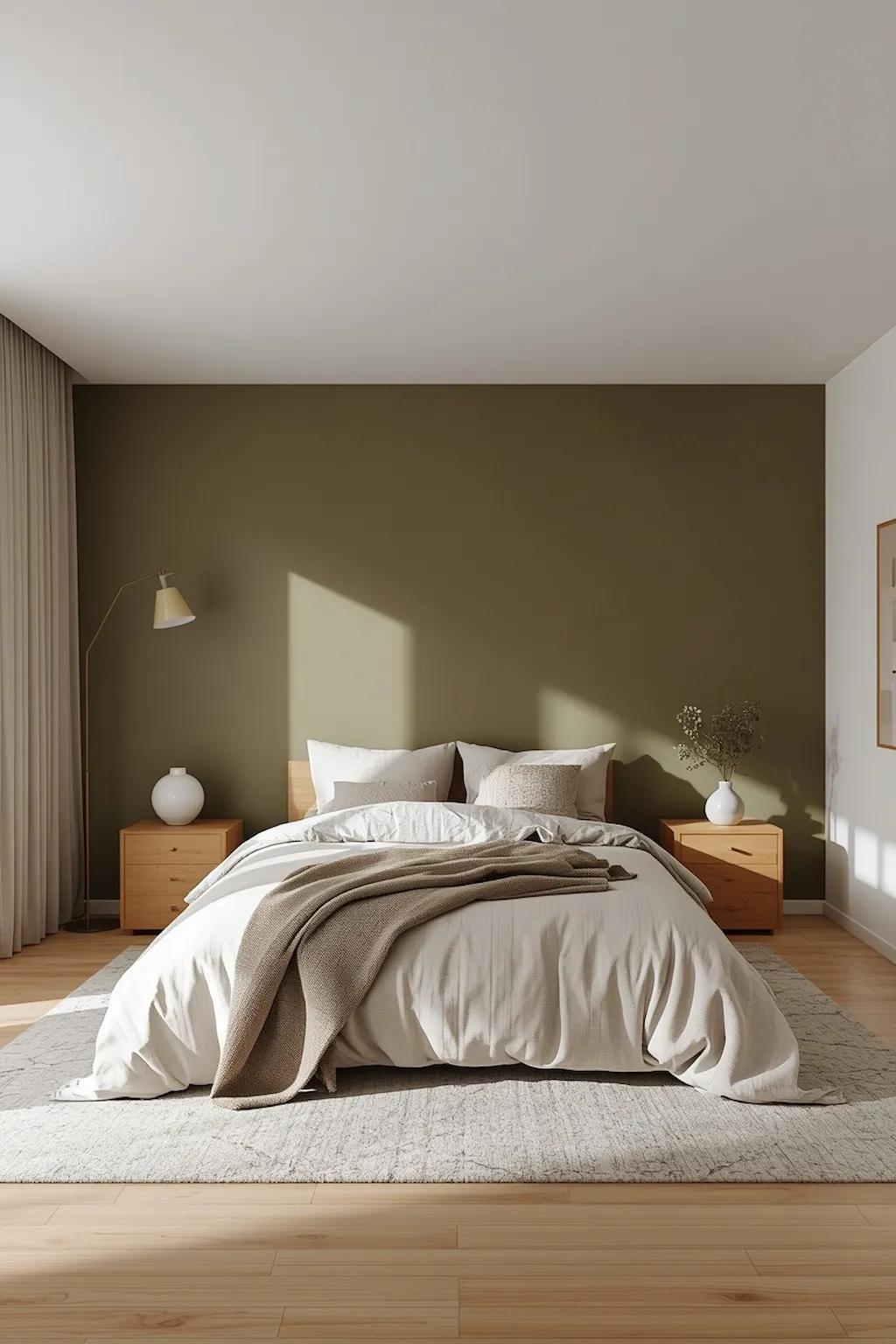 Olive green bedroom with metallic accents and modern elegance