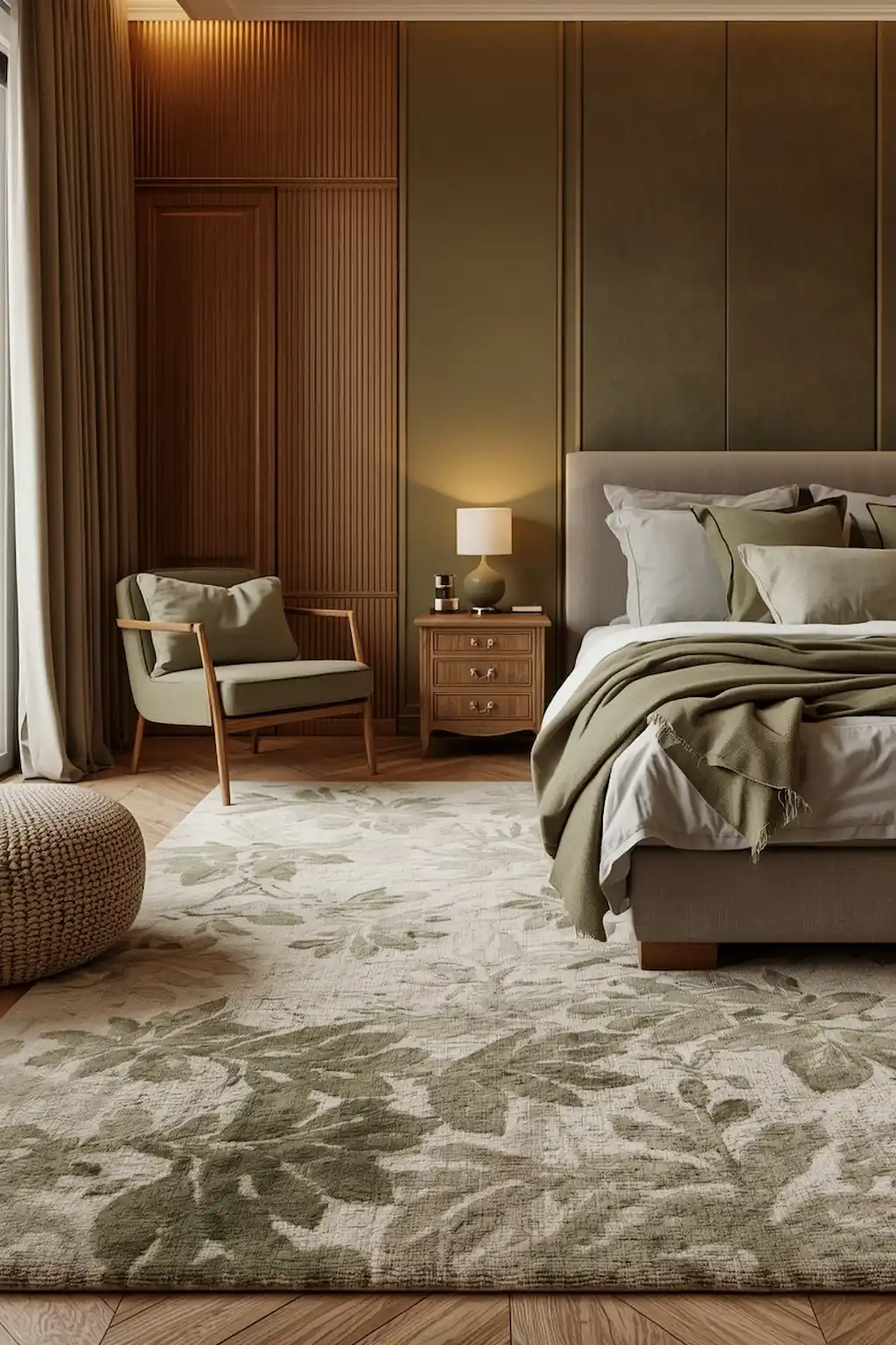 Olive green bedroom with a statement rug and cozy textures