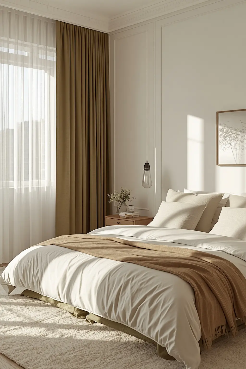 Bedroom with olive green curtains and light neutral decor