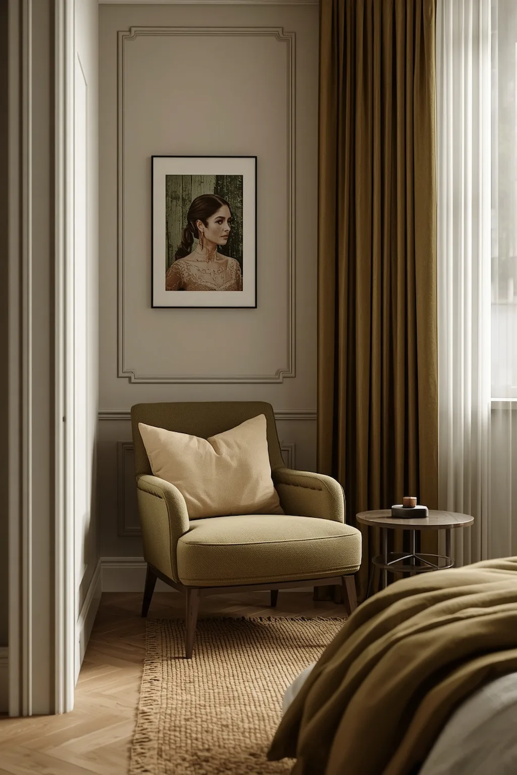 Olive green bedroom with a cozy reading corner setup