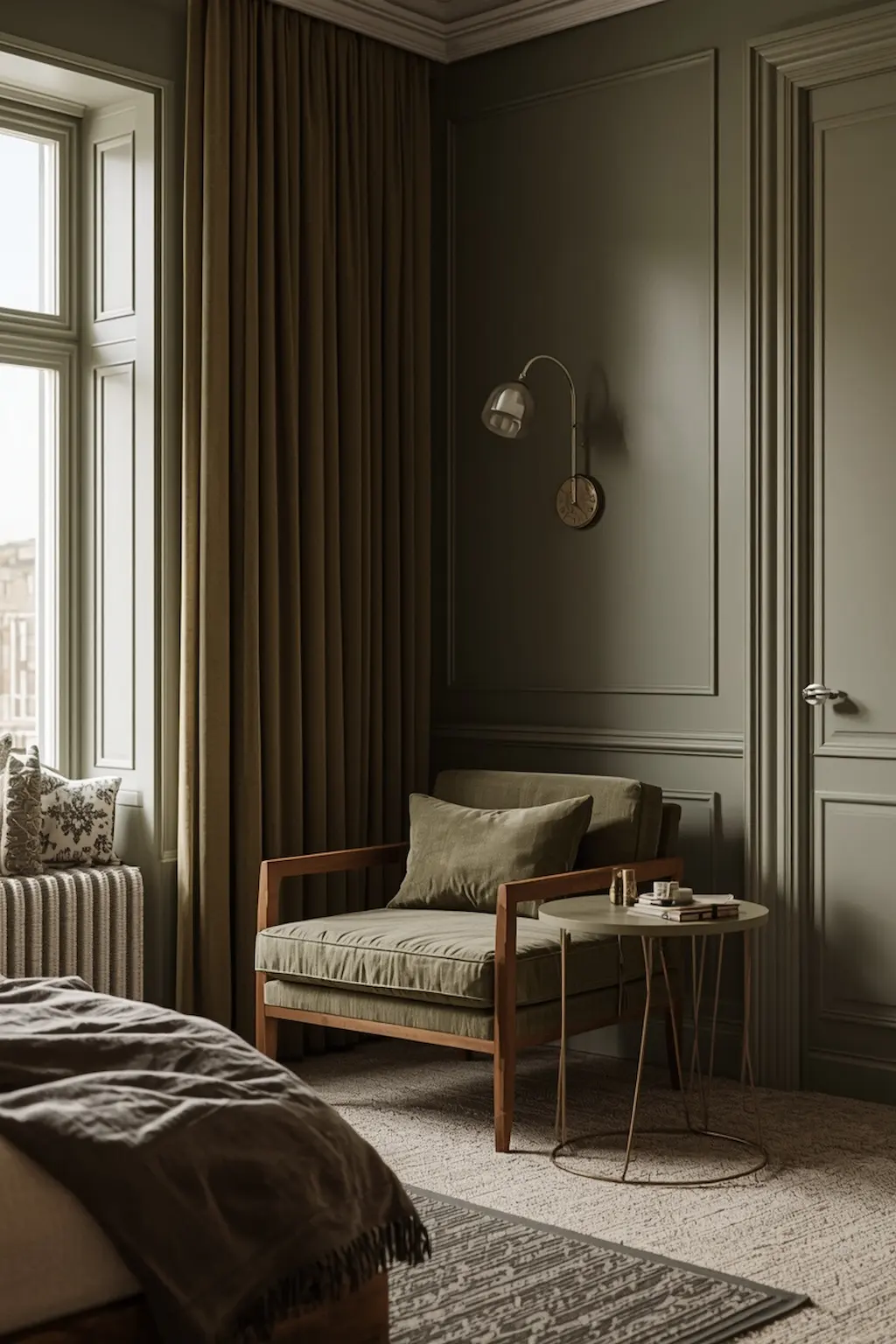 Olive green bedroom with a cozy reading corner setup