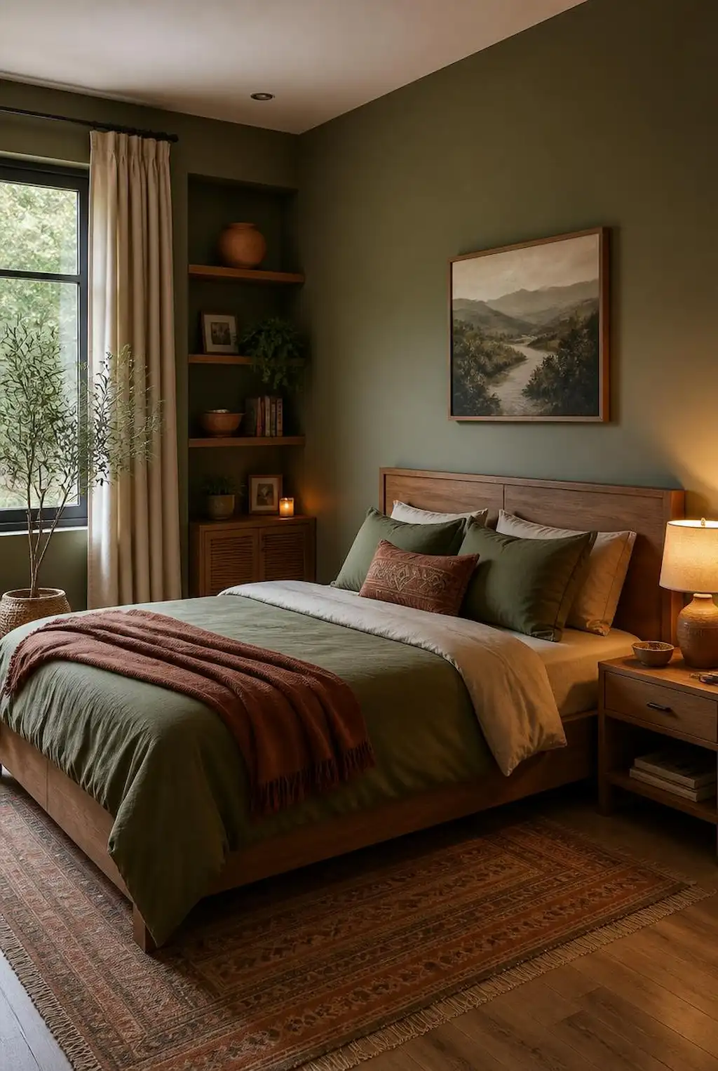 Olive green bedroom mixed with earthy tones and natural textures