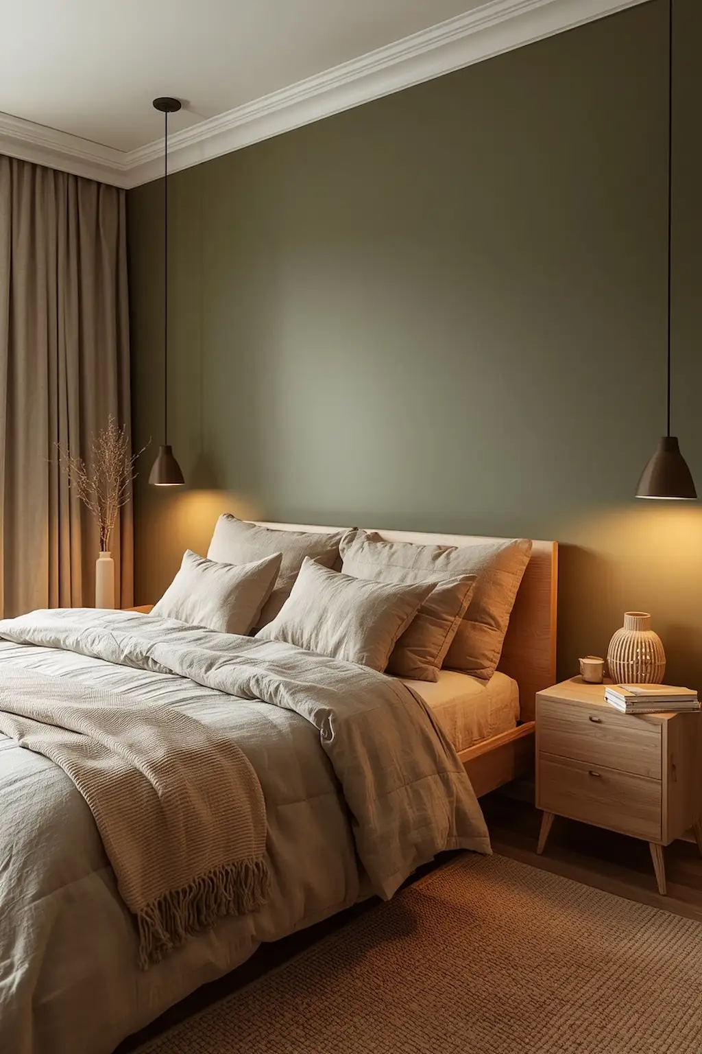 live green bedroom paired with wooden furniture and natural textures