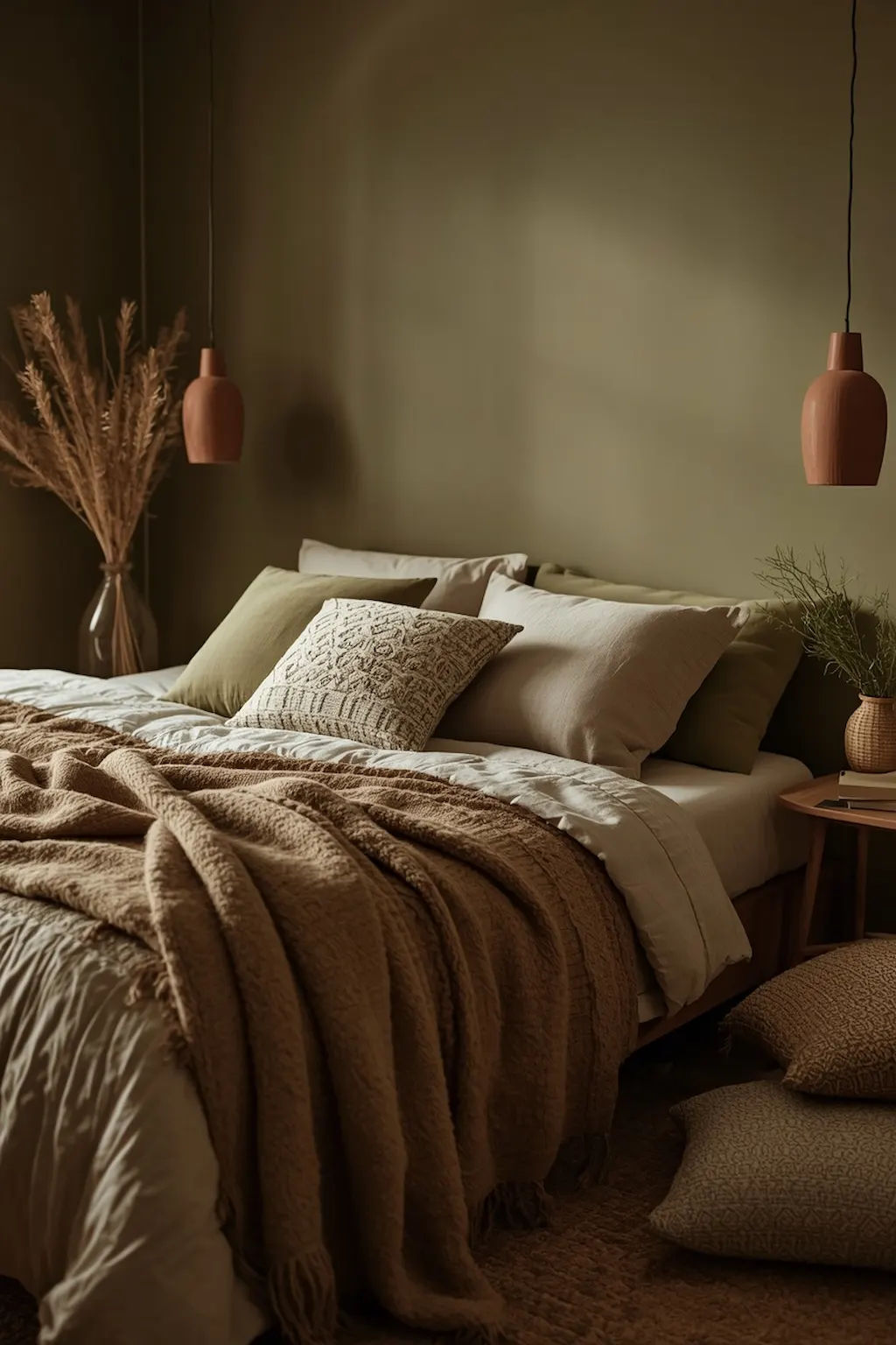 Olive green bedroom with cozy layered textiles and soft lighting