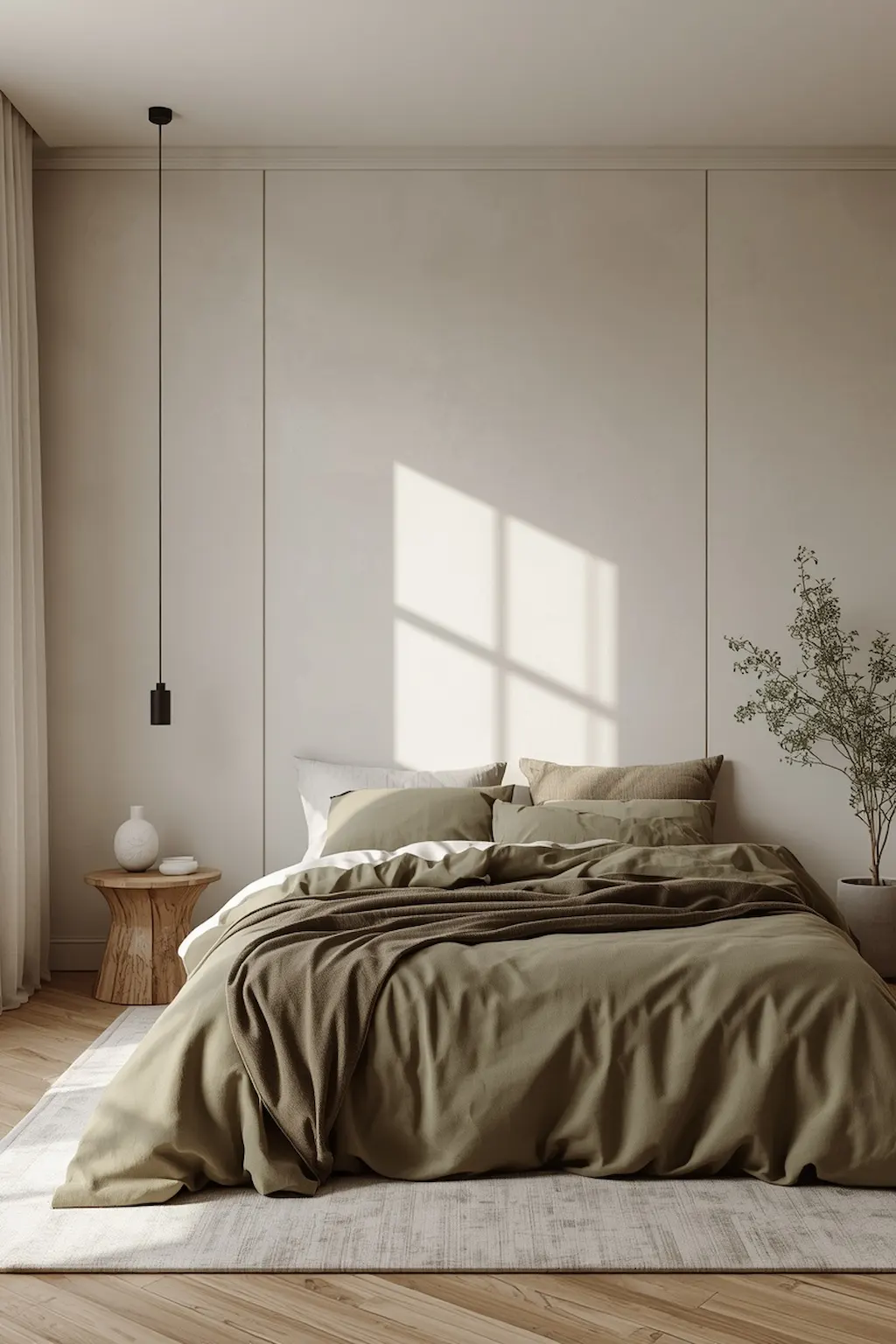 Neutral bedroom featuring olive green bedding as the main accent
