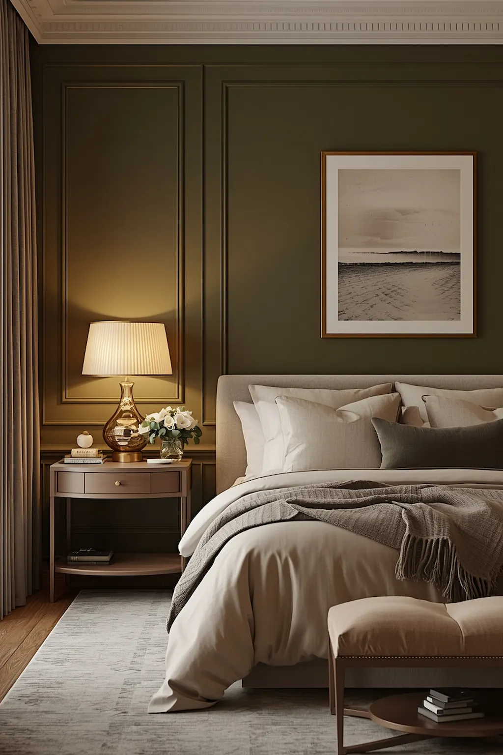 Olive green bedroom with gold accents and modern elegance
