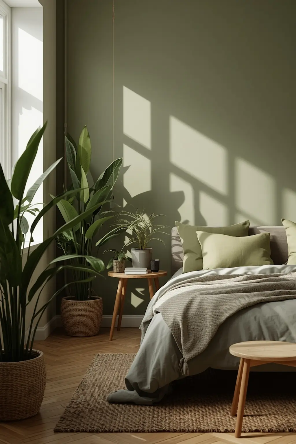 Olive green bedroom enhanced with indoor plants and natural light