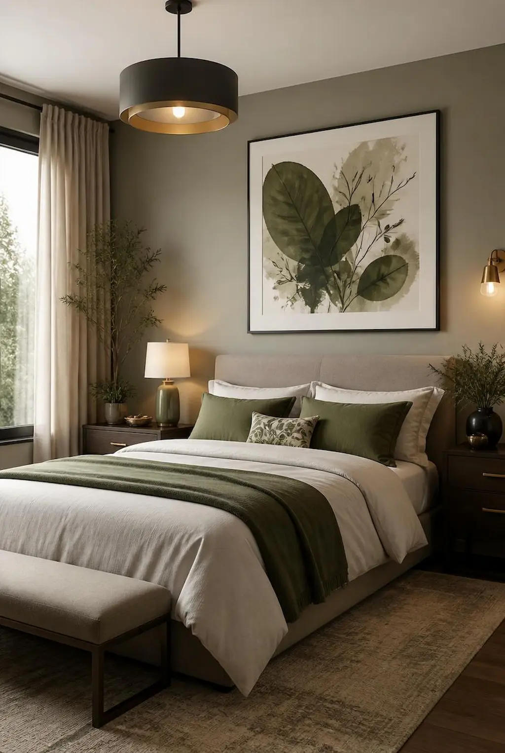 Olive green bedroom with matching wall art and modern decor