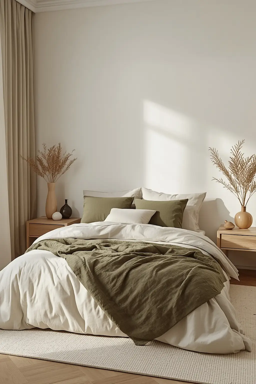 Olive green bedroom with warm neutral tones and soft textures