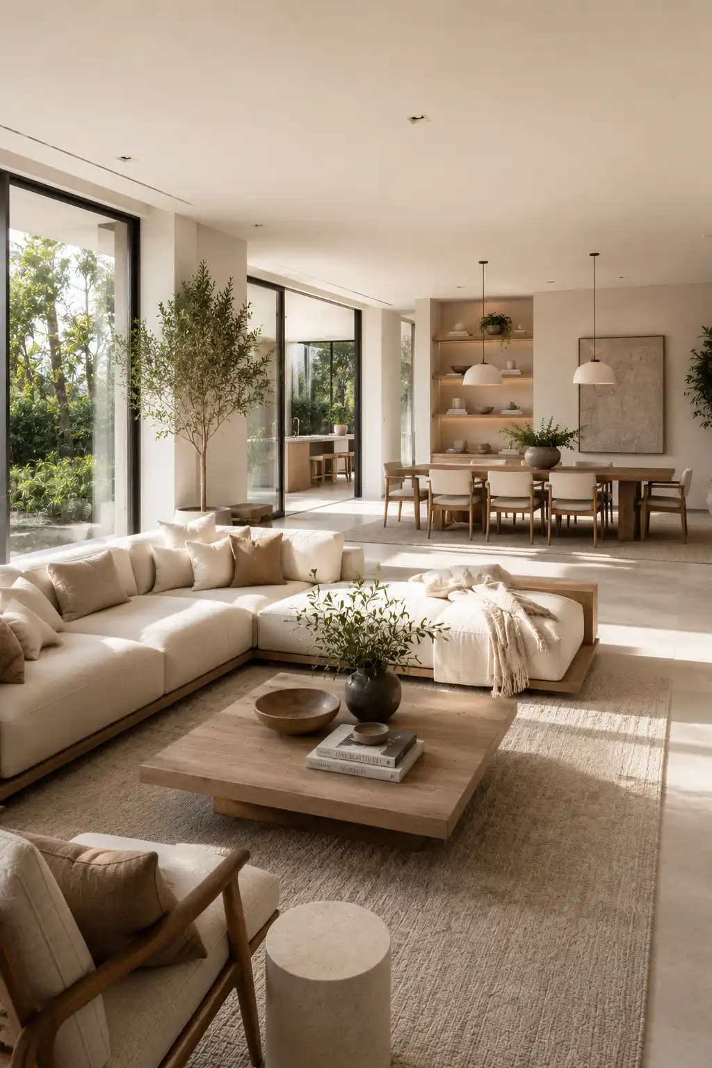 Open concept modern living room with bright and airy design