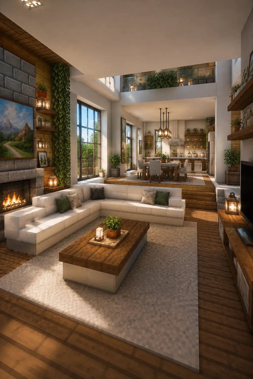Open-plan Minecraft living room with modern and spacious layout