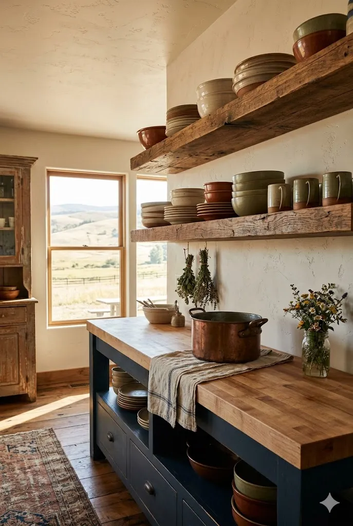 Kitchen with wooden open shelves in ranch style