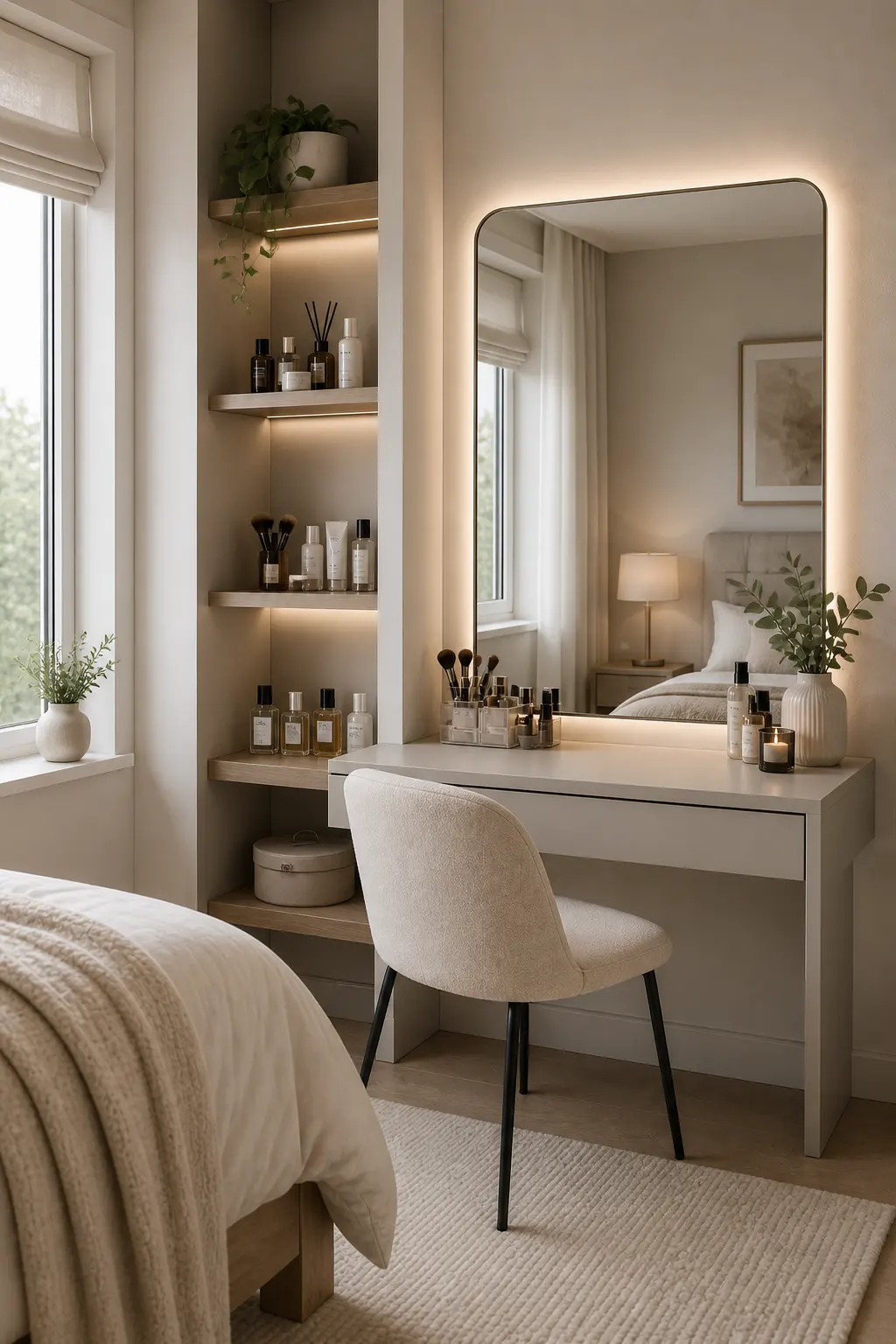 Bedroom vanity with open shelving storage