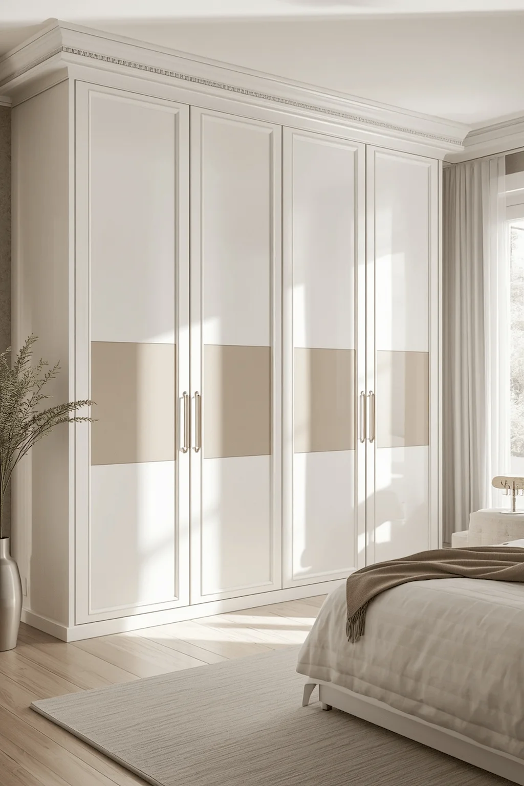 White wardrobe in a bright and spacious bedroom
