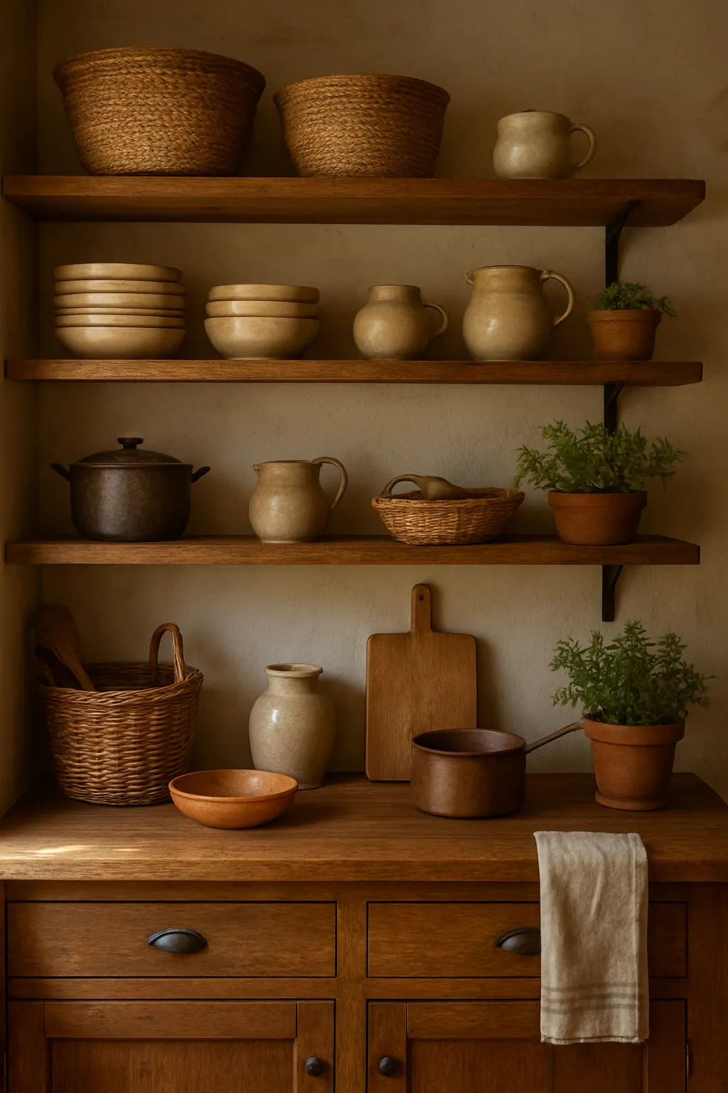 Rustic kitchen with open wood shelves and decor