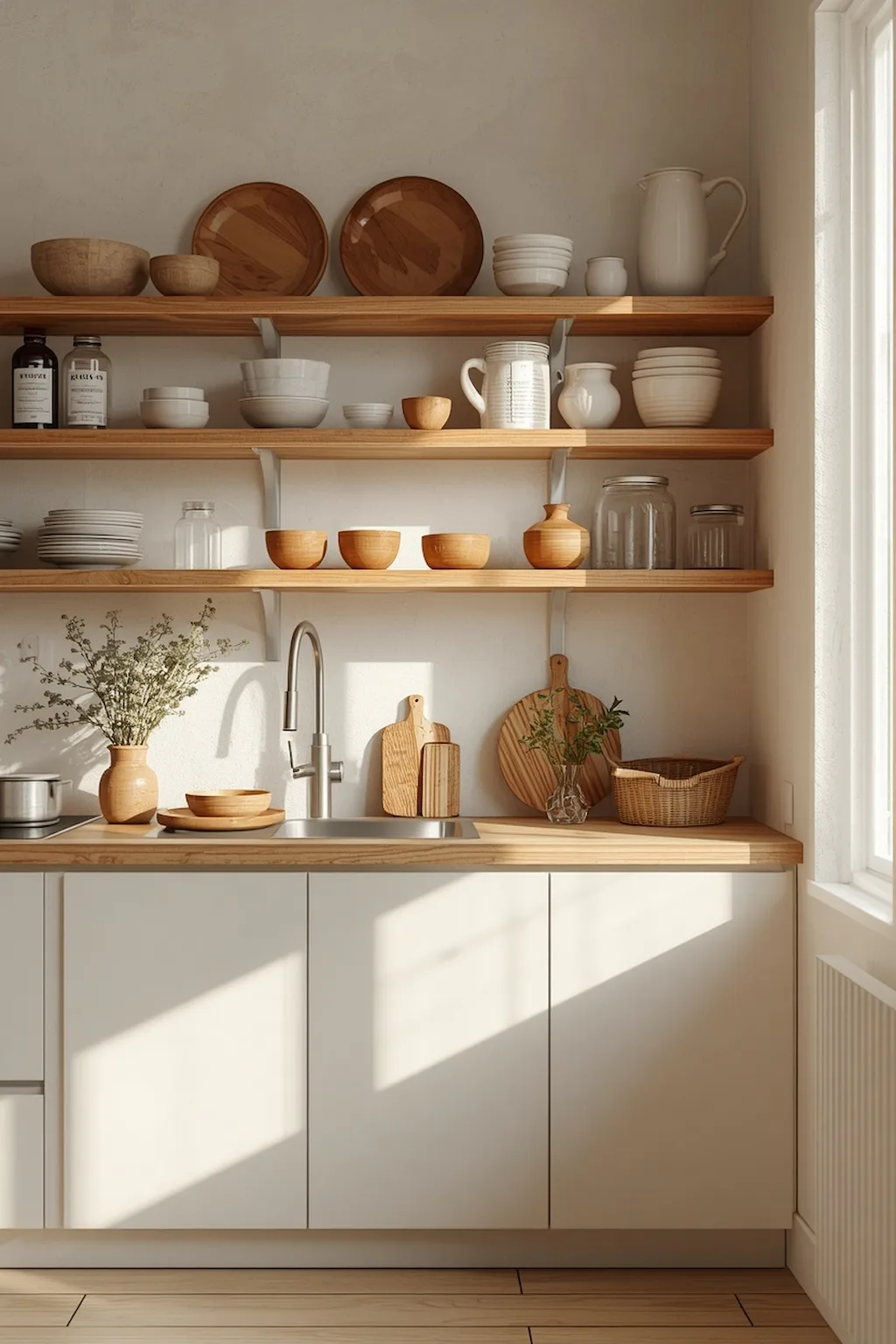 Organic kitchen with open shelving and natural decor elements
