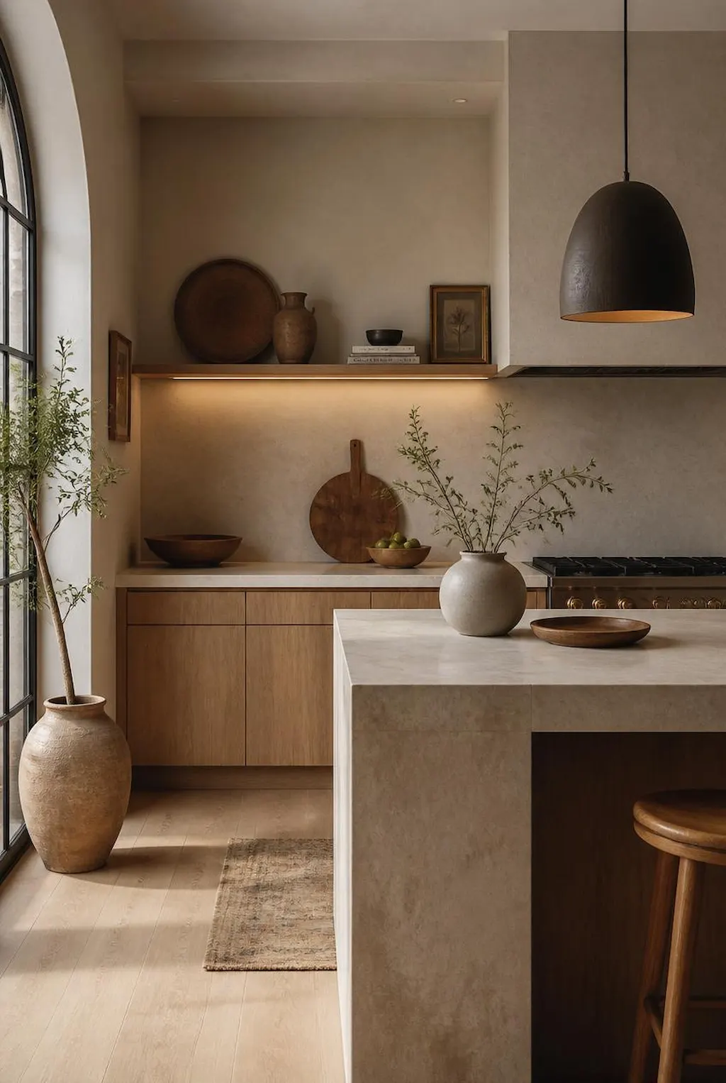 Organic kitchen with subtle decorative elements and minimal styling