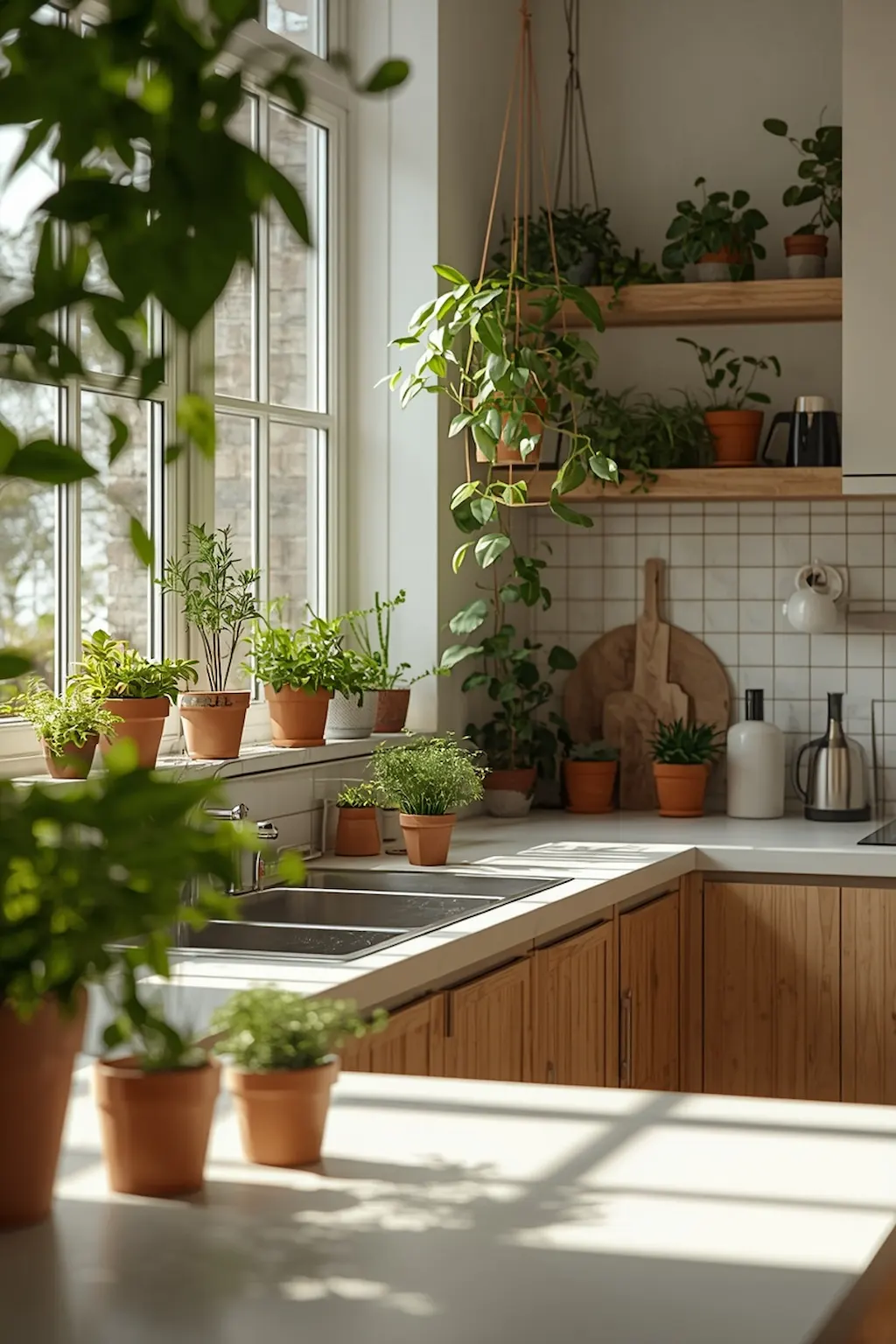 Organic modern kitchen with indoor plants and natural light