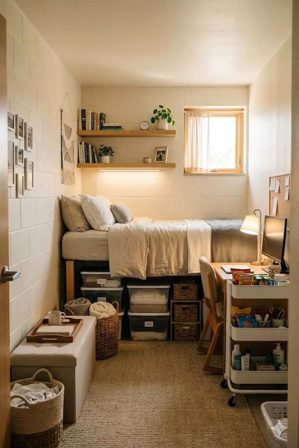 Organized dorm room with stylish storage bins and modern small-space decor
