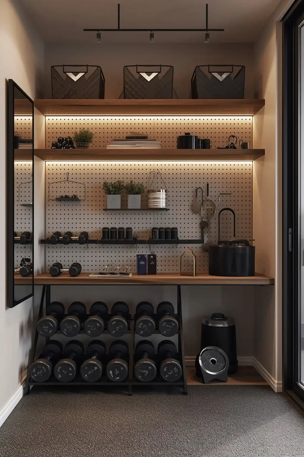 Home gym with wall-mounted storage and organized fitness equipment