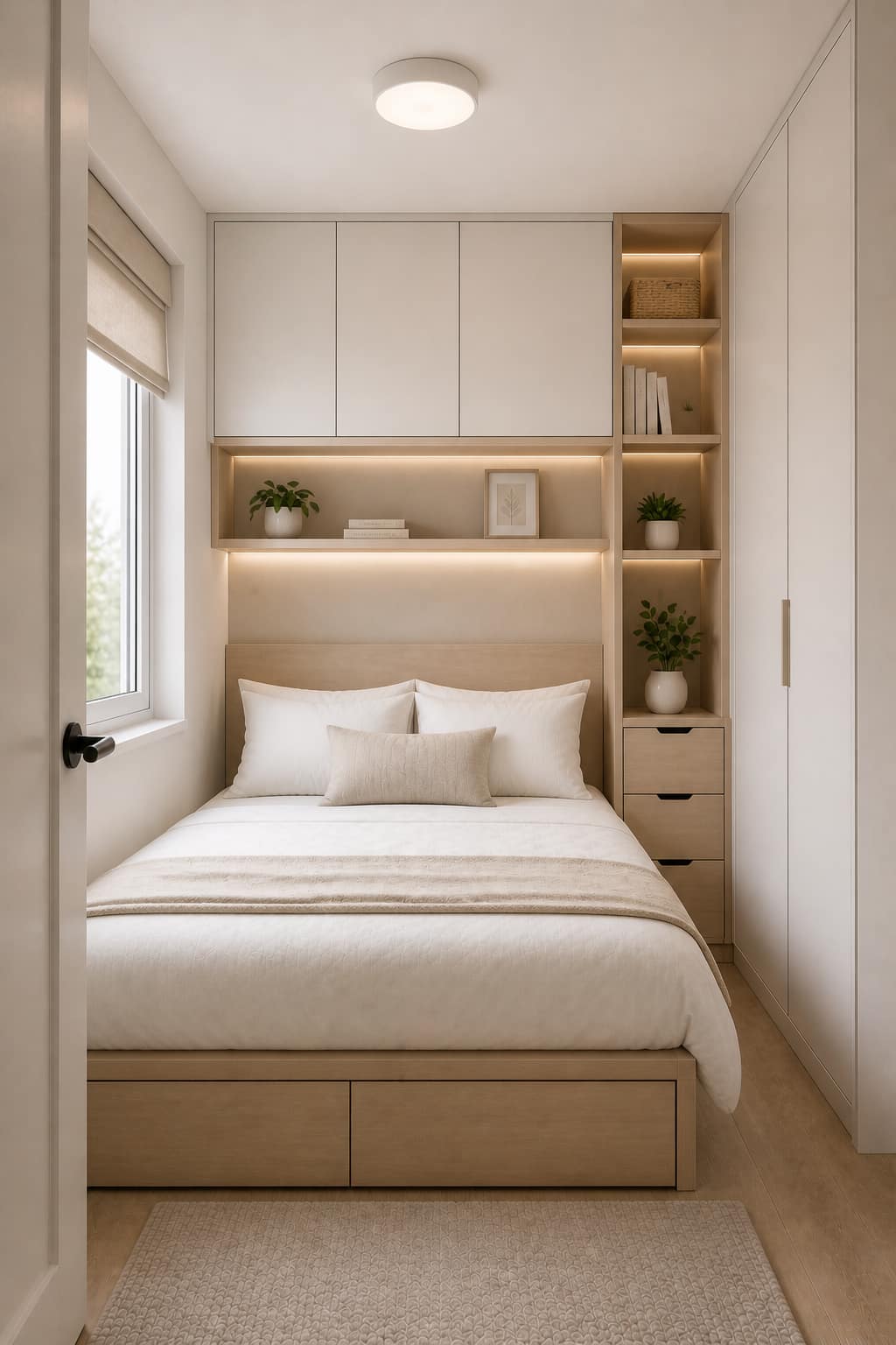 Small bedroom with neat and organized layout