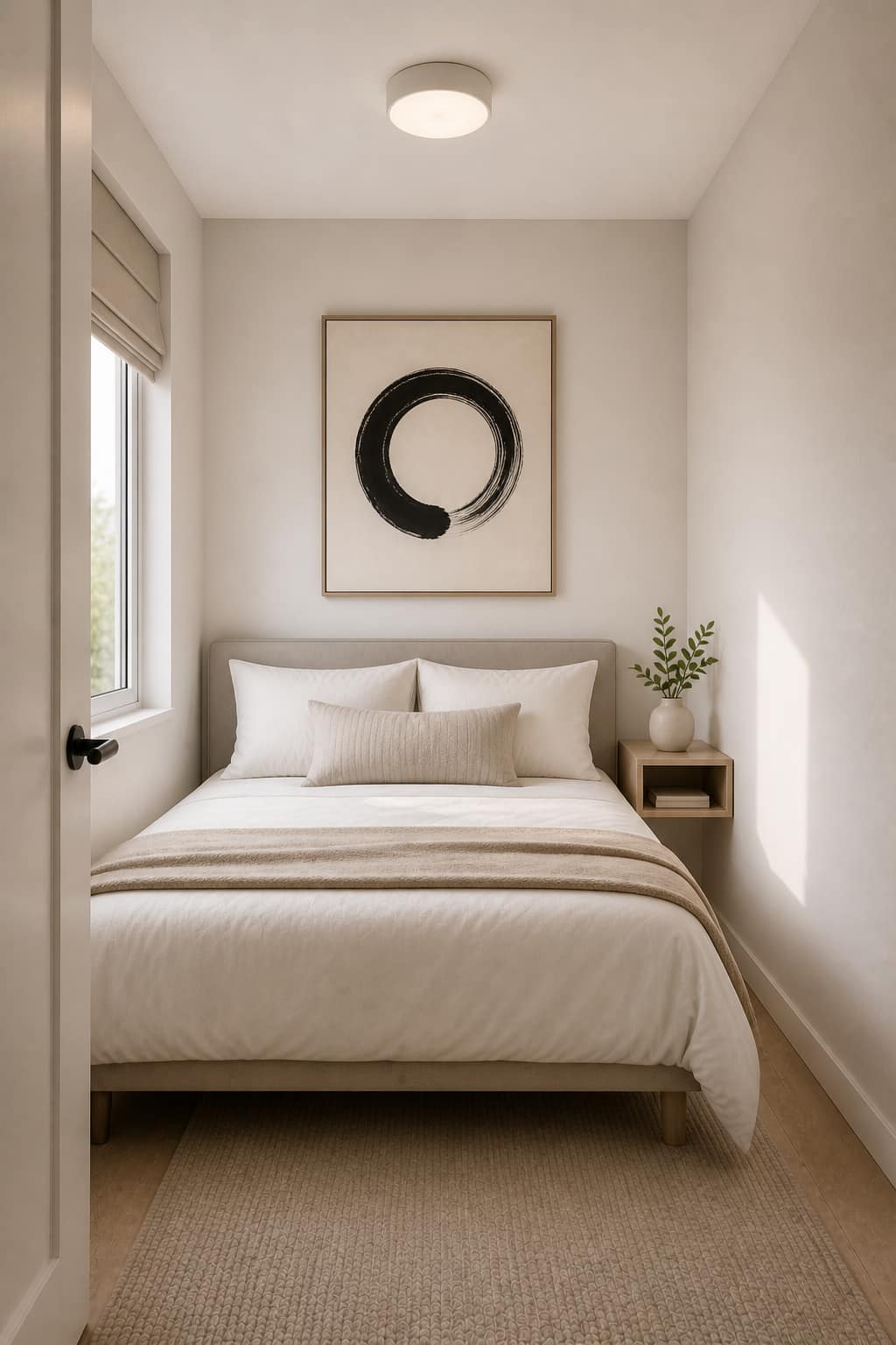 Small bedroom with neat and organized layout
