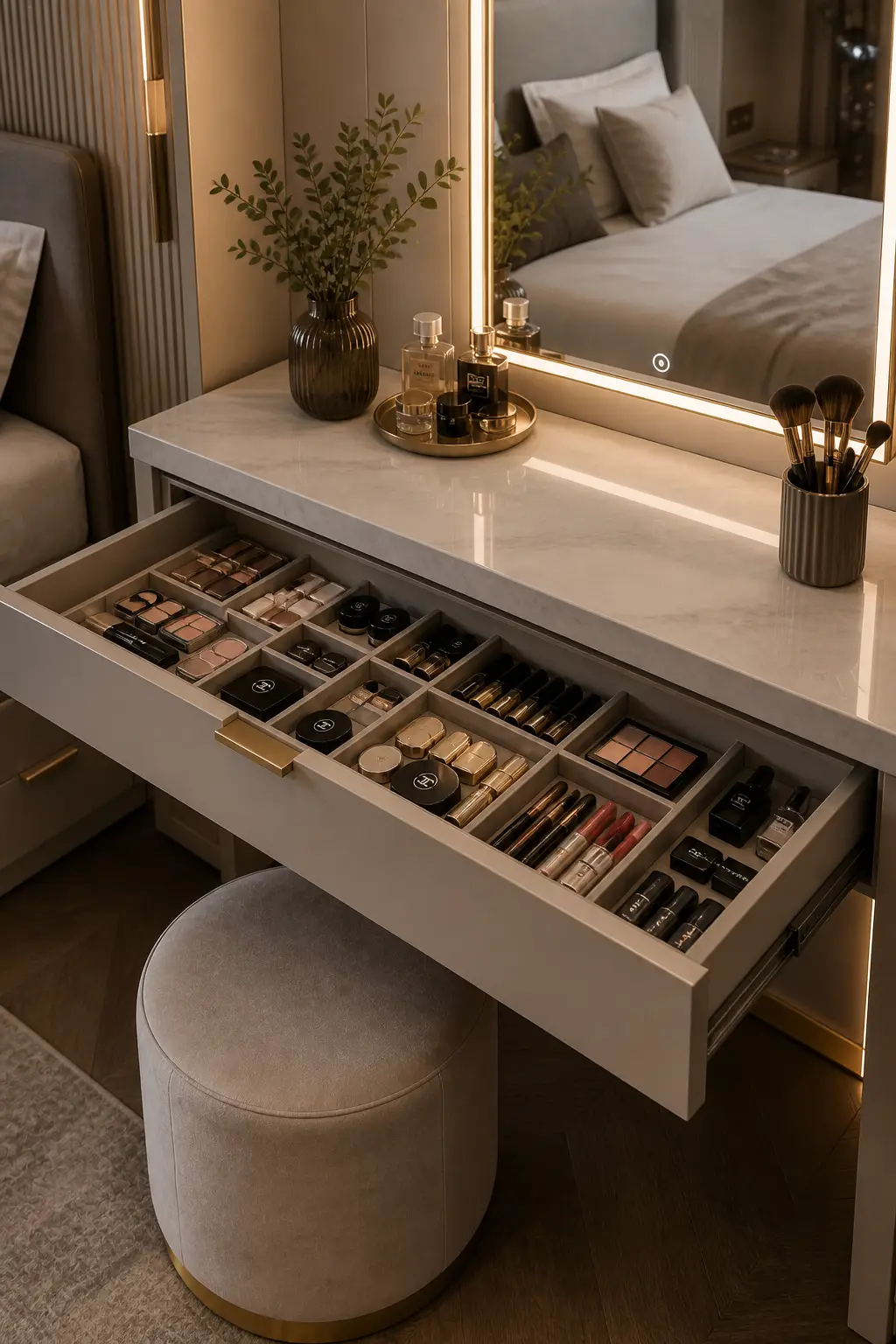Vanity with drawer dividers for organization
