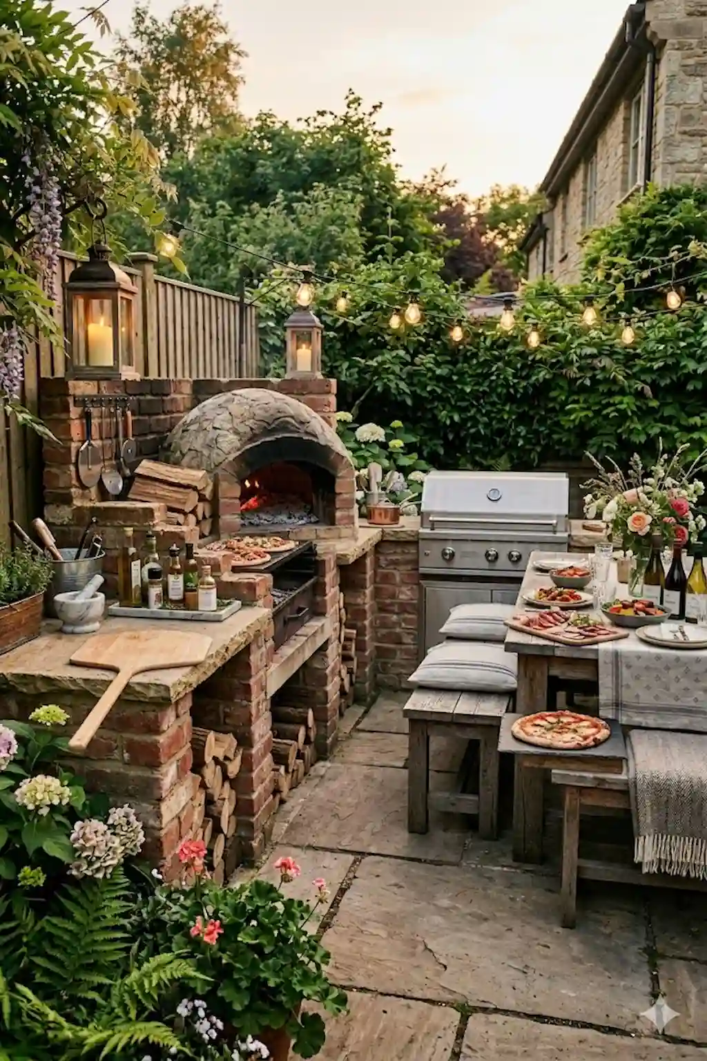 Outdoor cooking station featuring a BBQ grill and wood-fired pizza oven
