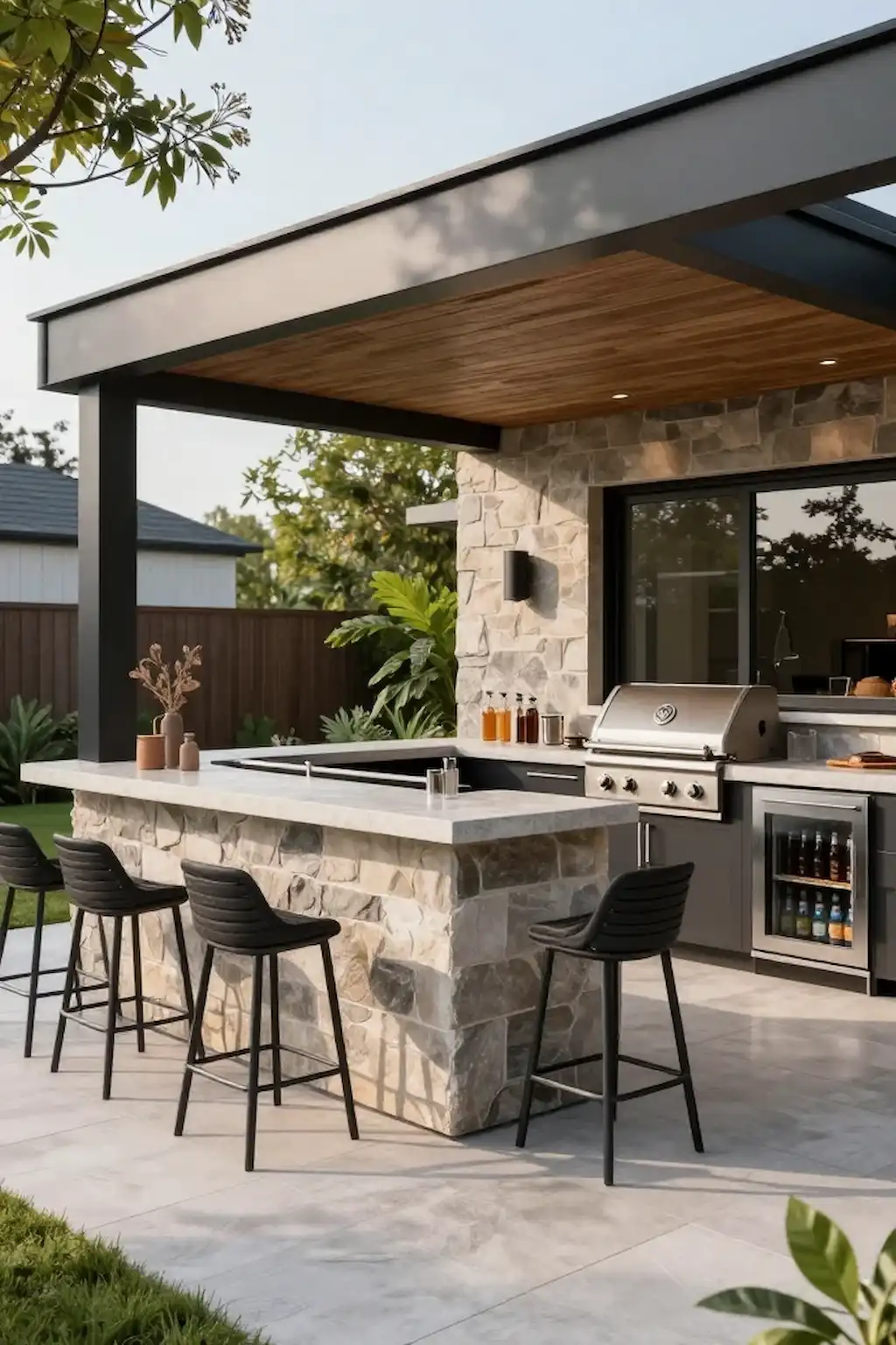 Patio BBQ area featuring a stylish bar counter with stools and beverage station