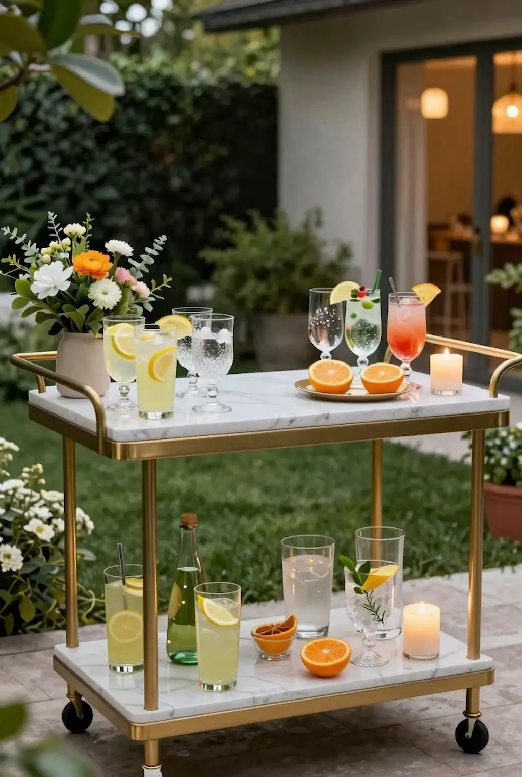 Stylish outdoor drink station with cocktails and fresh fruit