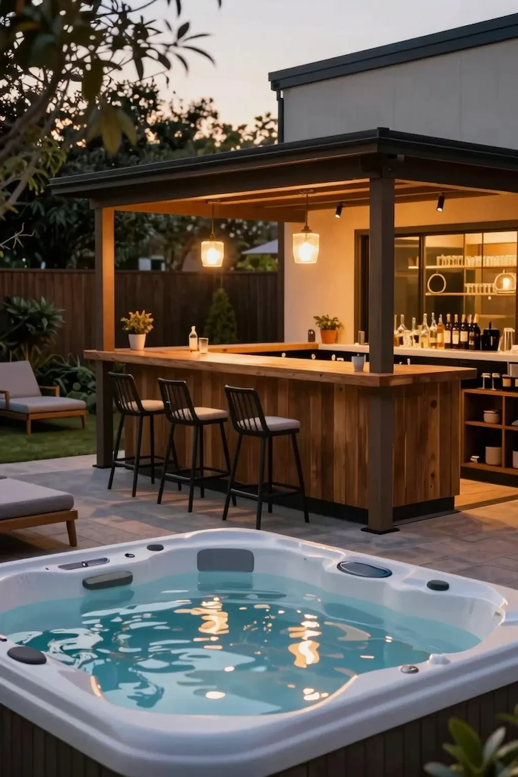Backyard hot tub with small outdoor bar and cozy lighting