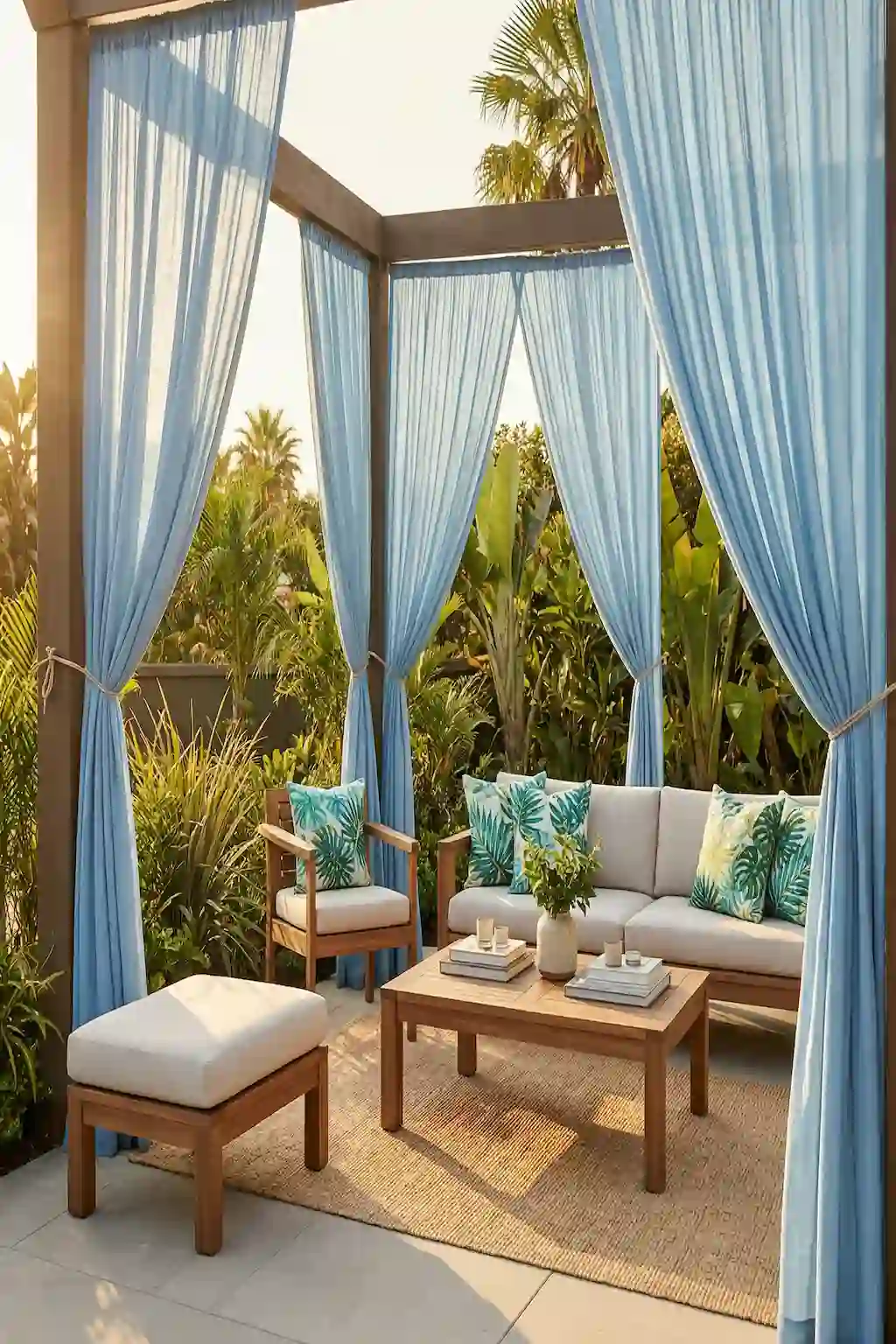 Backyard patio with colorful outdoor curtains