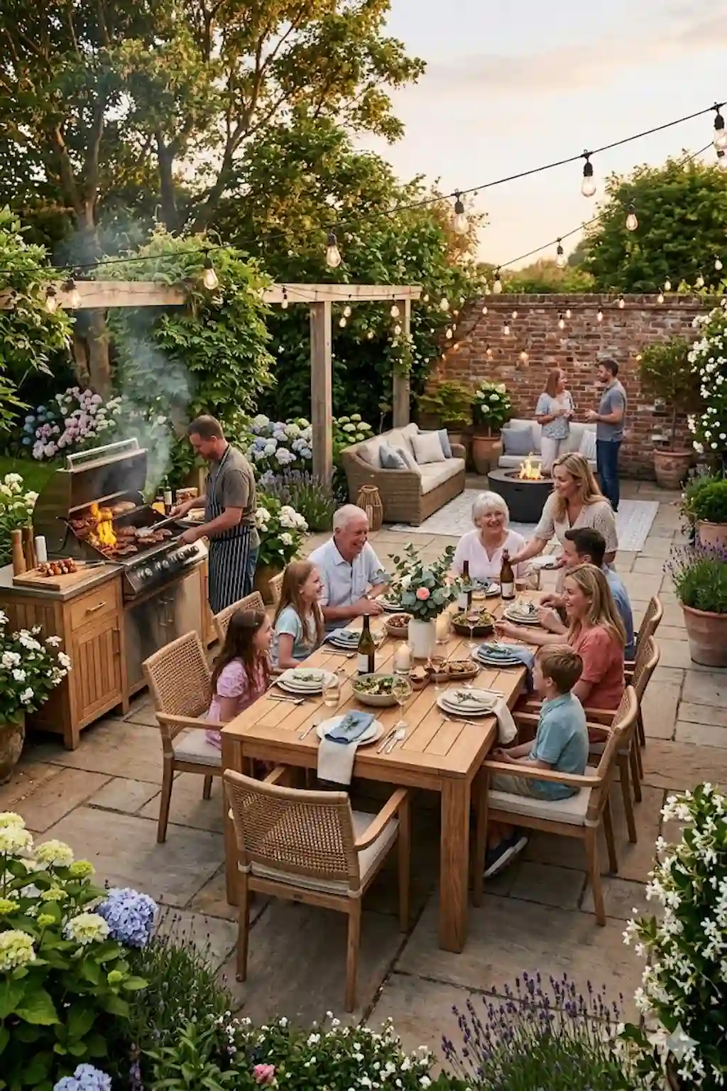 Patio featuring a large dining table beside a stylish BBQ setup