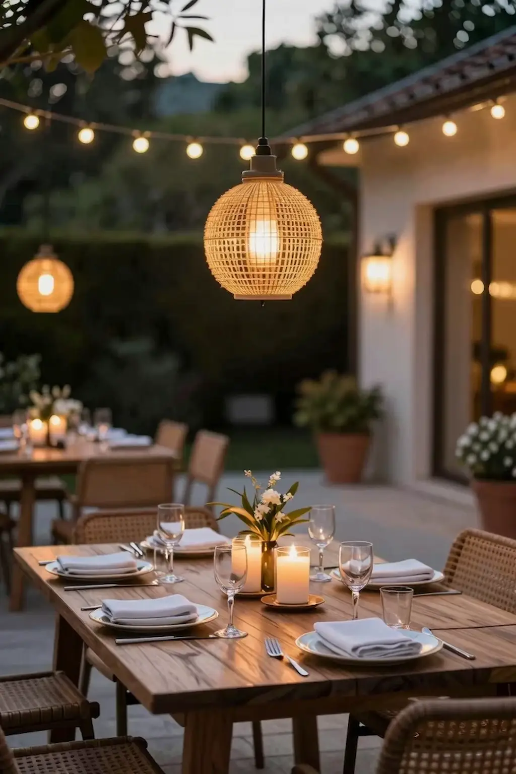 Outdoor dining area beautifully illuminated for evening meals and entertaining