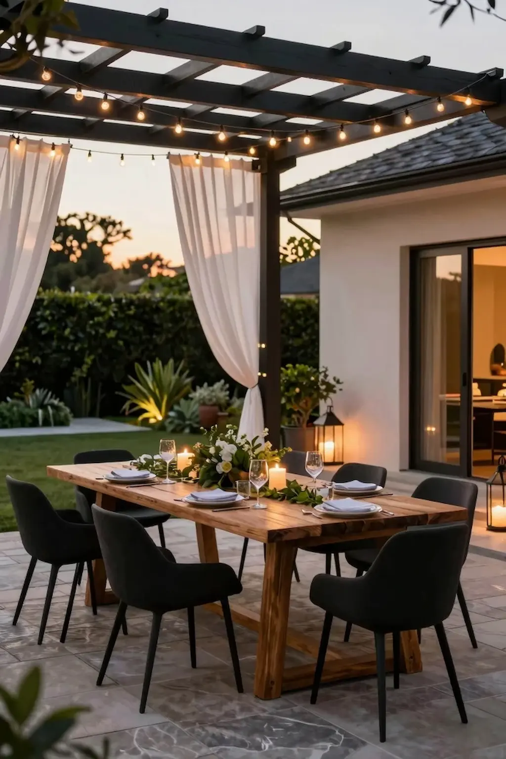 Elegant backyard dining patio with pergola and lights