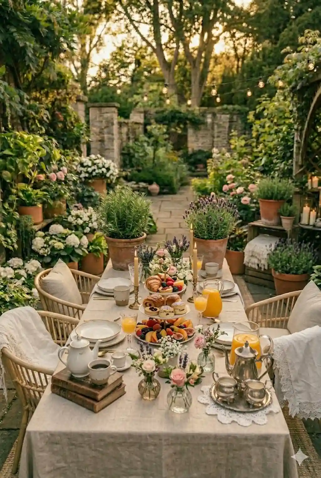 Elegant outdoor brunch setup with pastries and fresh flowers