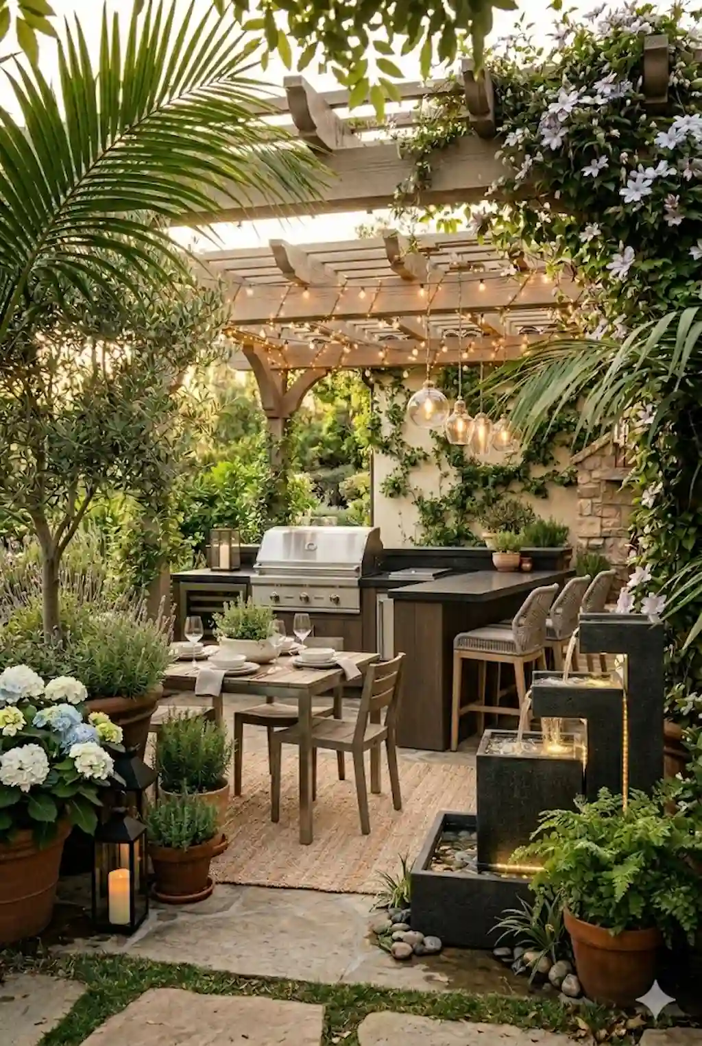 Luxury outdoor kitchen patio with grill and bar seating