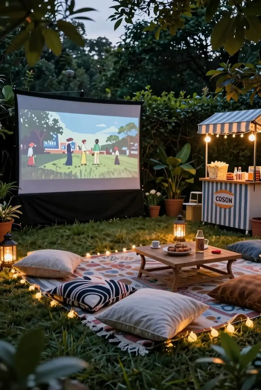 Cozy outdoor movie setup with blankets and fairy lights in a garden