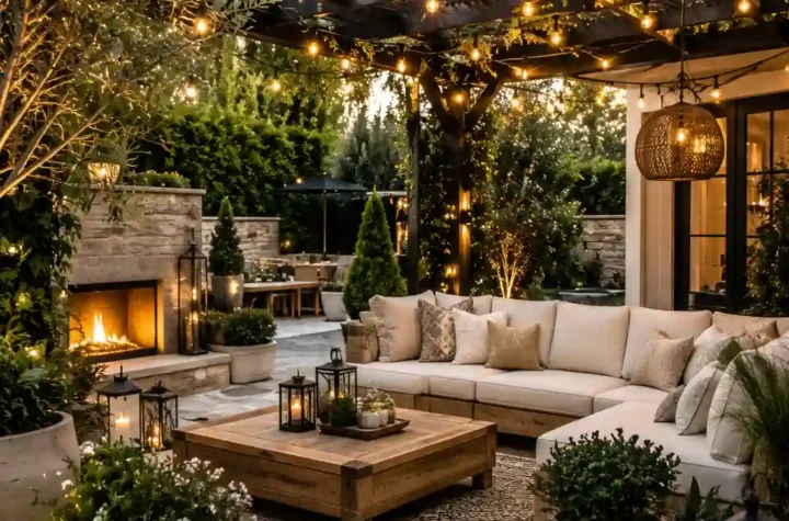 Stylish outdoor patio with cozy seating, pergola, and warm lighting
