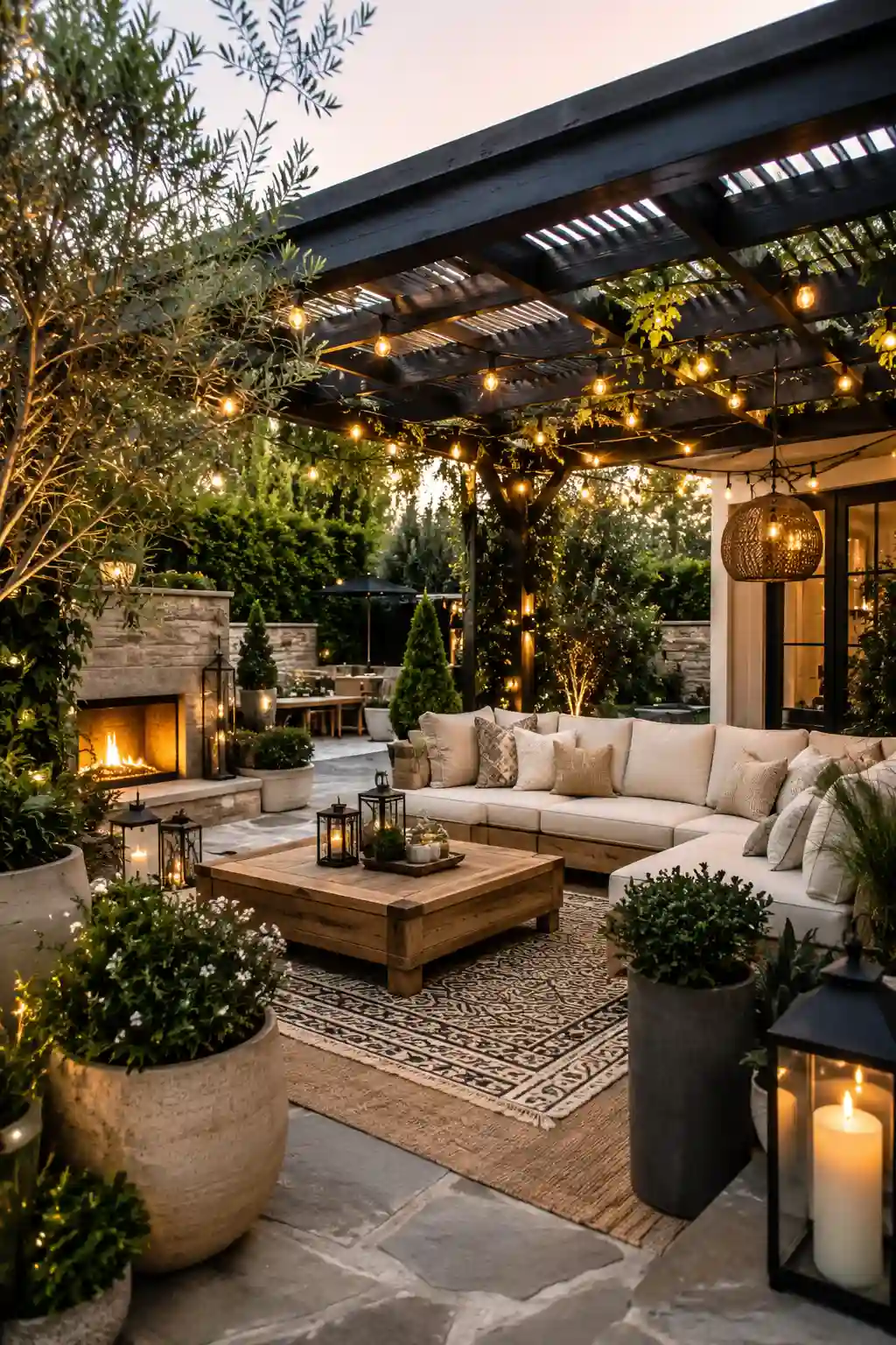 Stylish outdoor patio with cozy seating, pergola, and warm lighting
