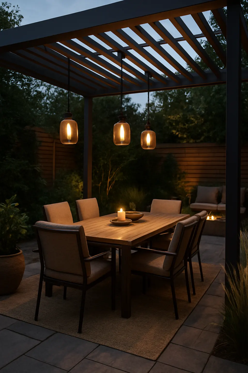 Covered patio featuring stylish pendant lights above an outdoor seating area