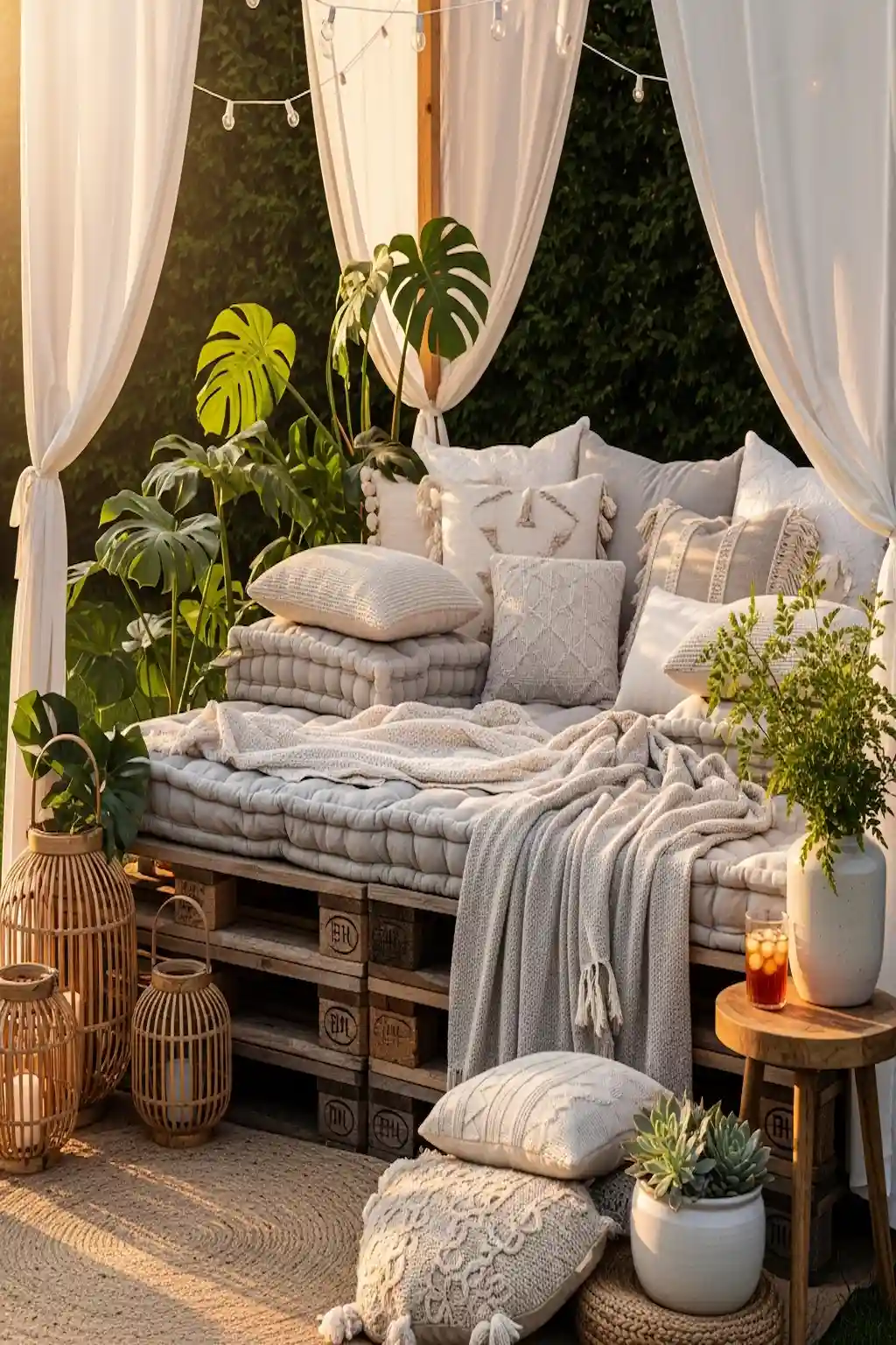 Outdoor pallet daybed with soft cushions and cozy backyard decor