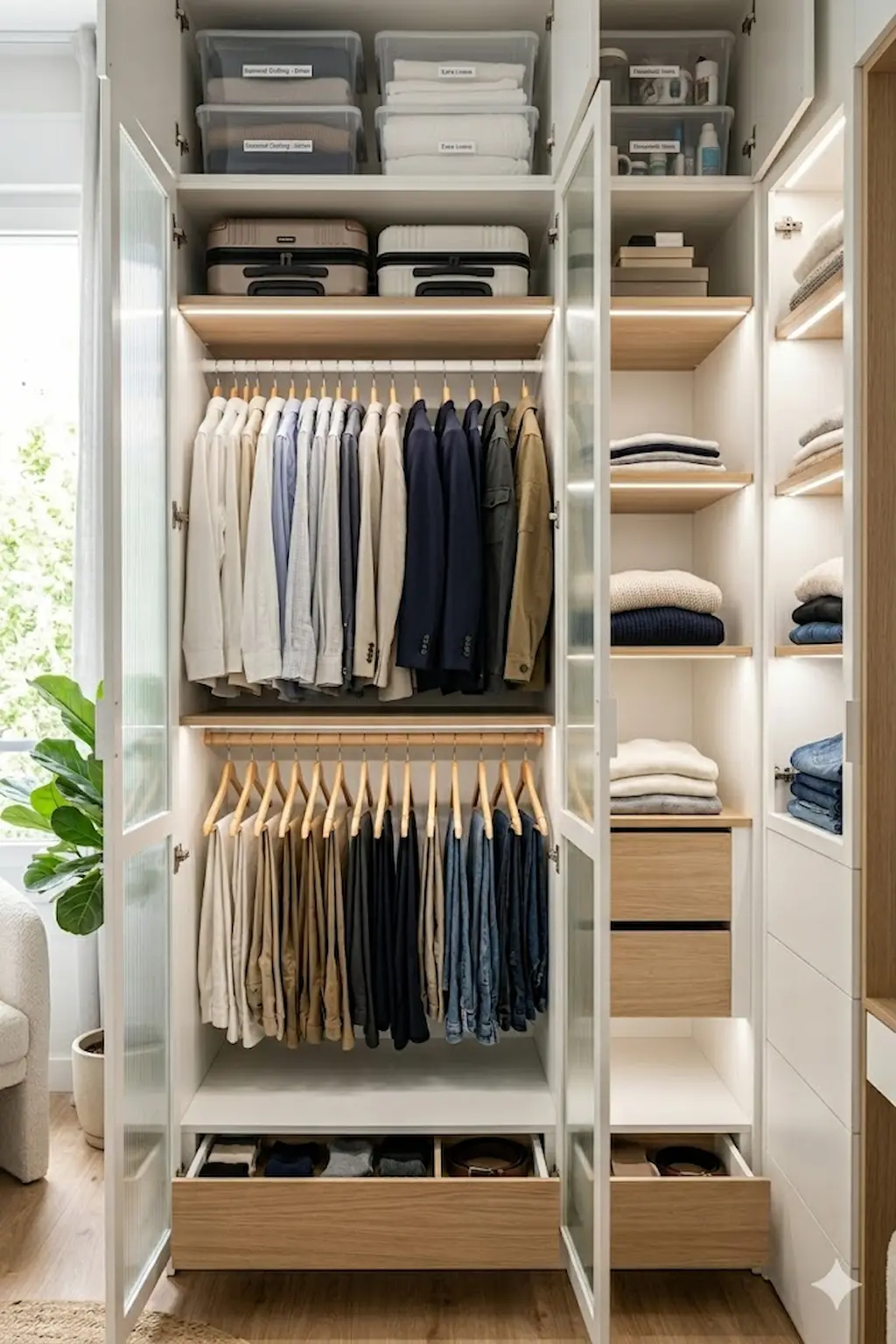 Wardrobe with overhead cabinets for extra storage