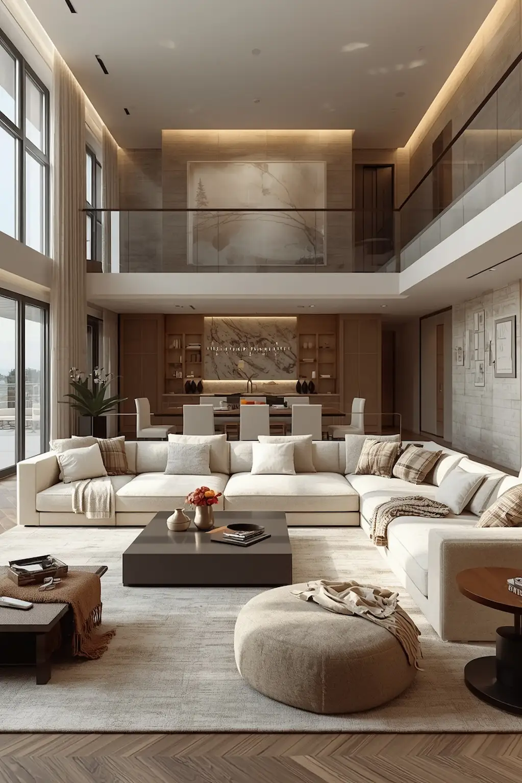 large modern living room with oversized sectional sofa and cozy decor