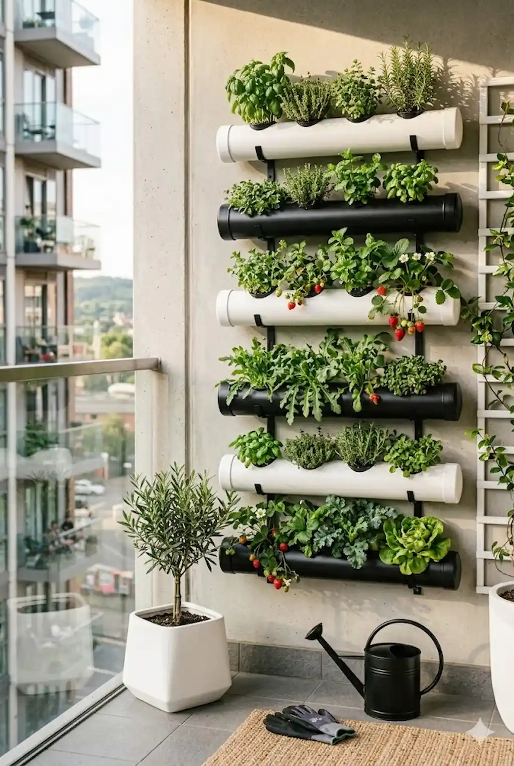 Modern PVC pipe wall planters with herbs and greenery