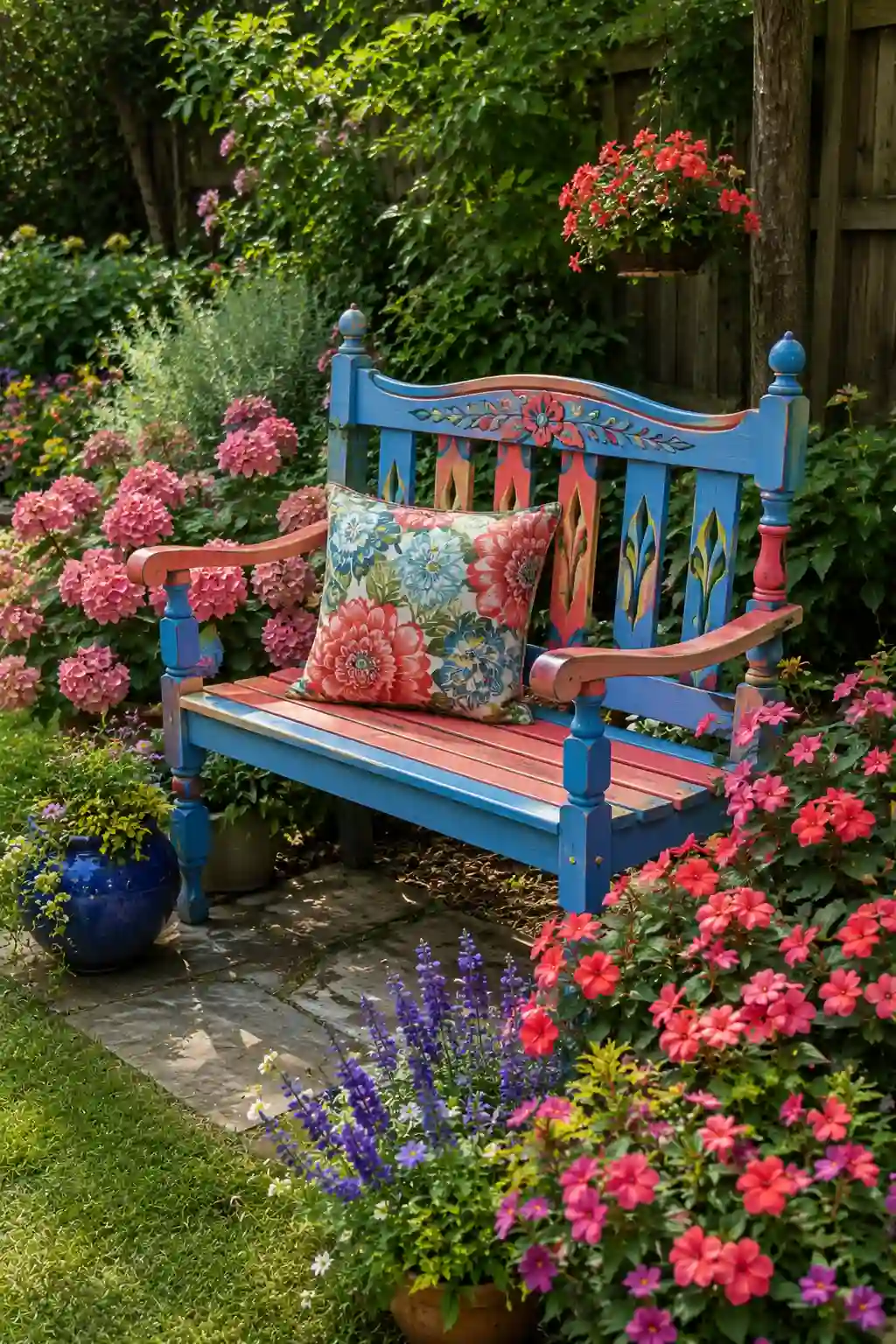 Bright painted garden bench surrounded by flowers