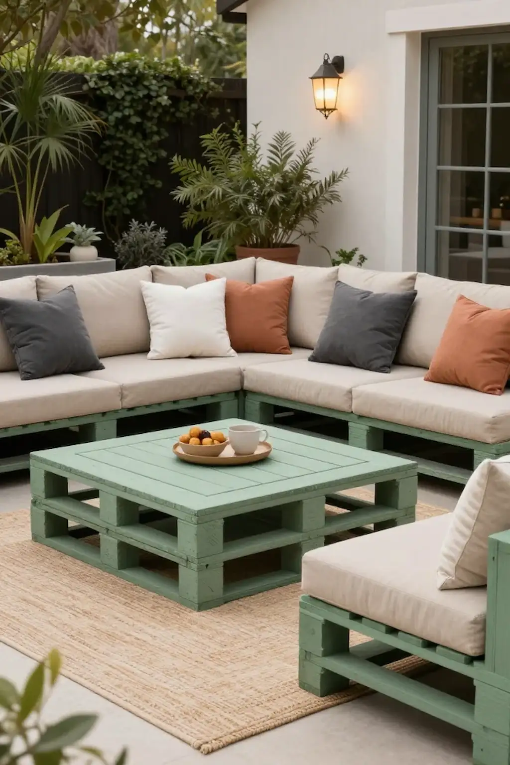 Painted pallet furniture in modern earthy outdoor colors